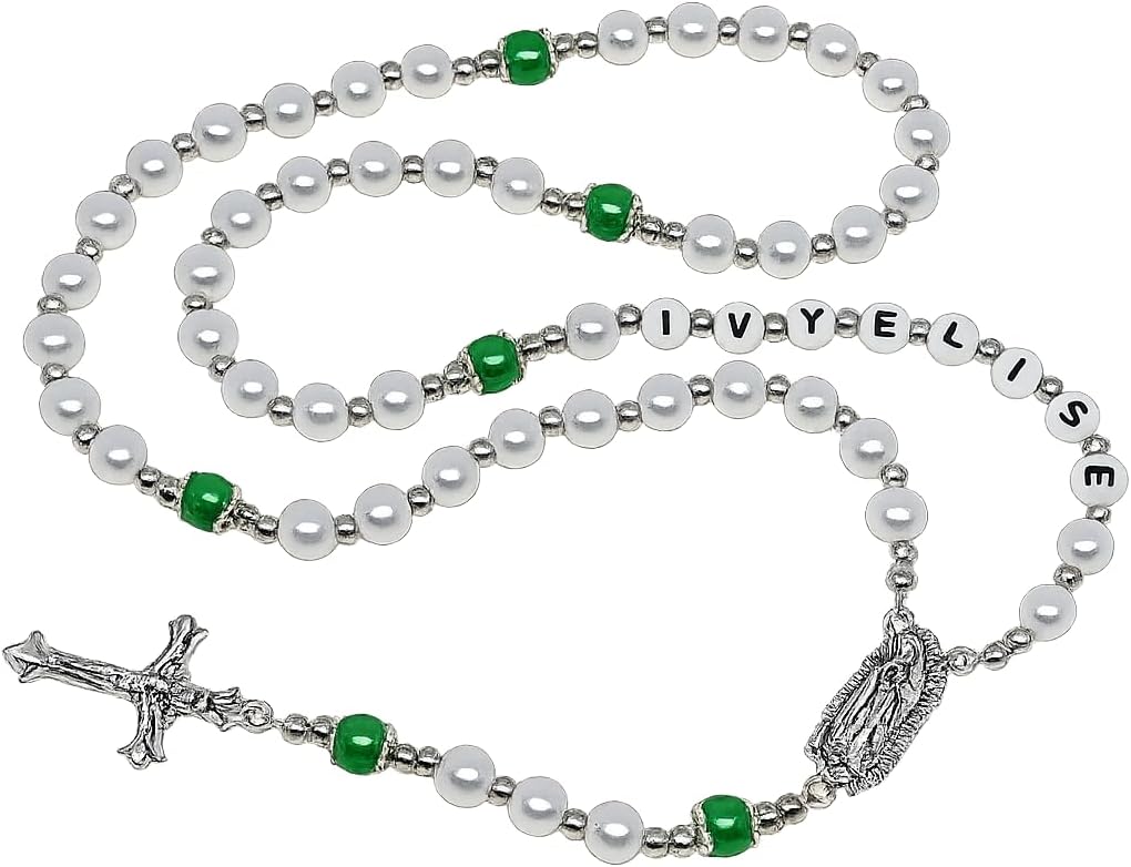 Personalized with Name Rosary Beads Crucifix * Prayer Meditation Beads * Jesus * Baptism * Christening * Communion * White beads with the accent color of your choice