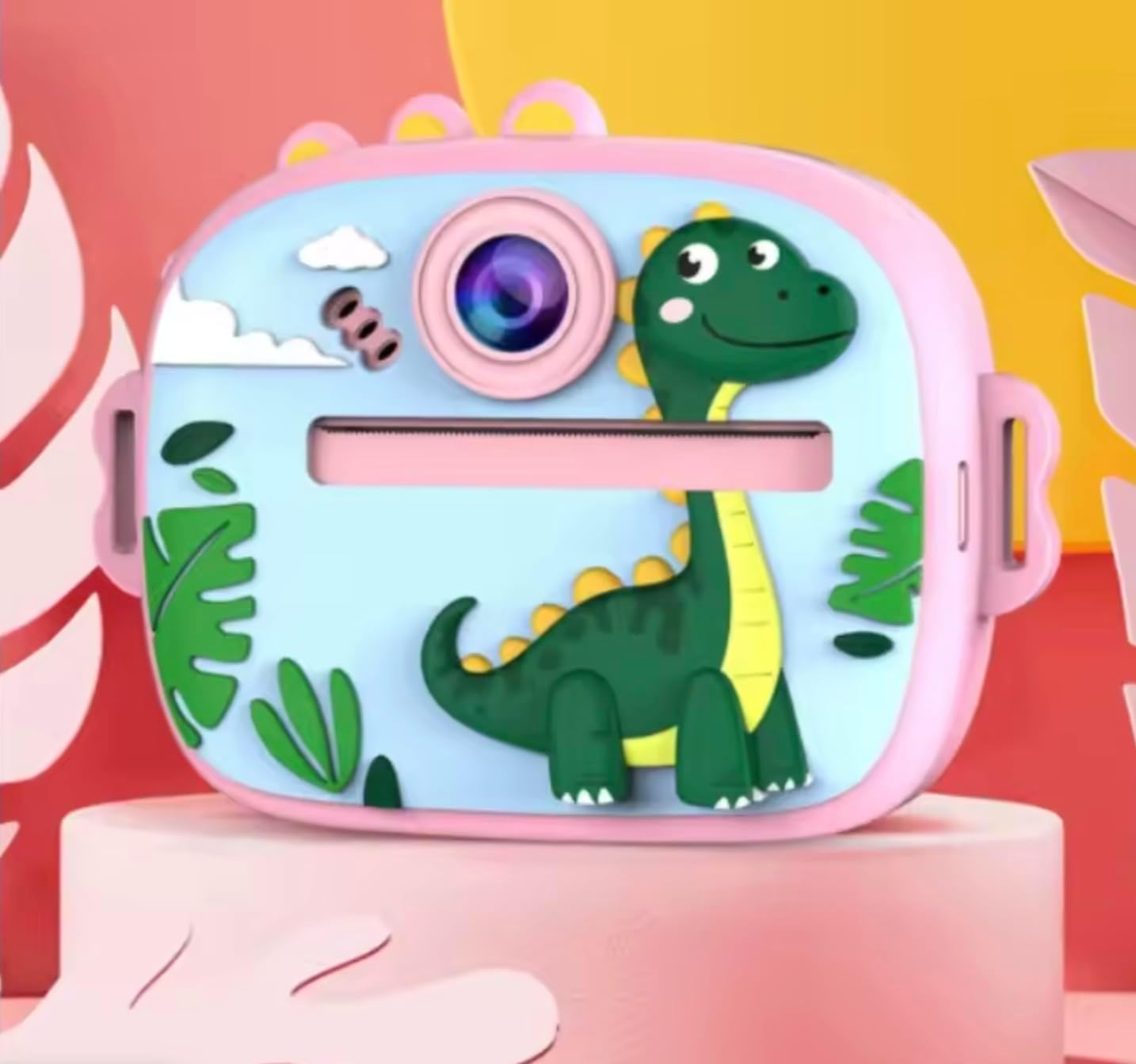 Kids Instant Print Camera, Cute Dinosaur Theme No-Ink Thermal Printing Digital Camera Toy, Rechargeable Portable Camera for Girls & Boys Ages 3–12, DIY Black and White Photo Prints (Pink)
