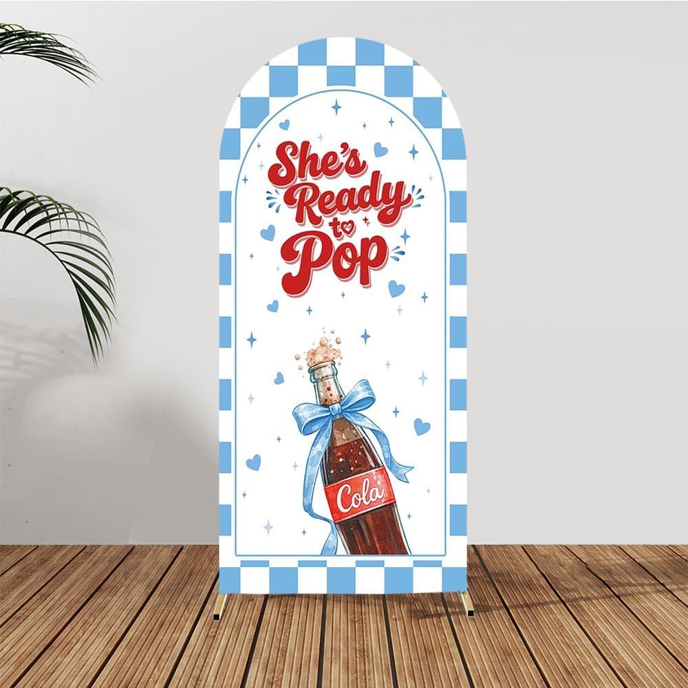 AIBIIN 6.5ft She's Ready to Pop Arch Backdrop Blue and White Coquette Soda Theme Gender Reveal Arch Cover Retro Soda Fountain Baby Shower Backdrop, 2-Sided Round Top She's Ready to Pop Decorations image 3