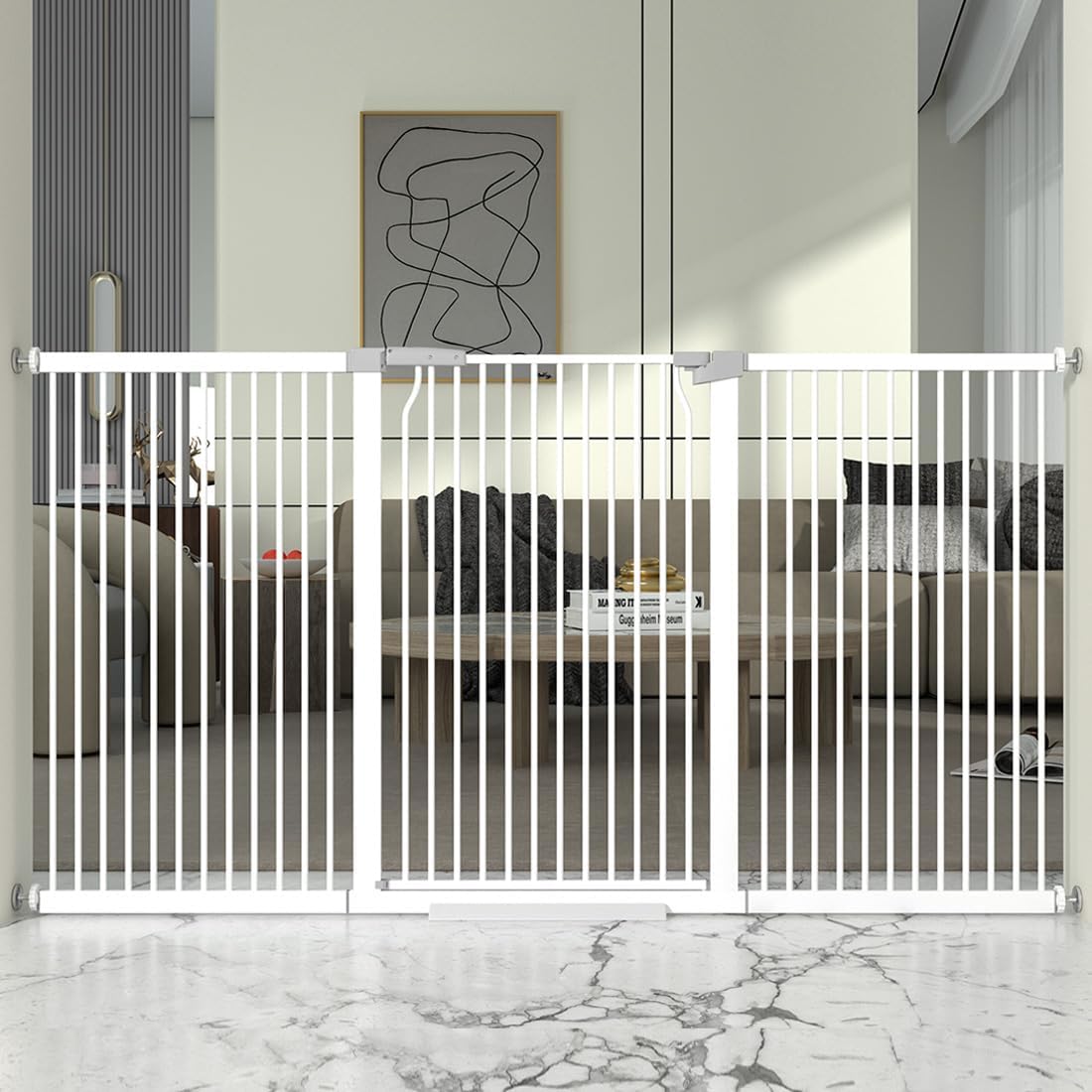 41" Extra Tall and Wide Baby Gate, 74.2-76.7'' Wide Pet Cat Gate for Doorway, Extra Wide Pressure Mounted Child Door with Expansion Kit, Metal Safe Gate, Tall Dog Gate, White 74.2-76.7''W