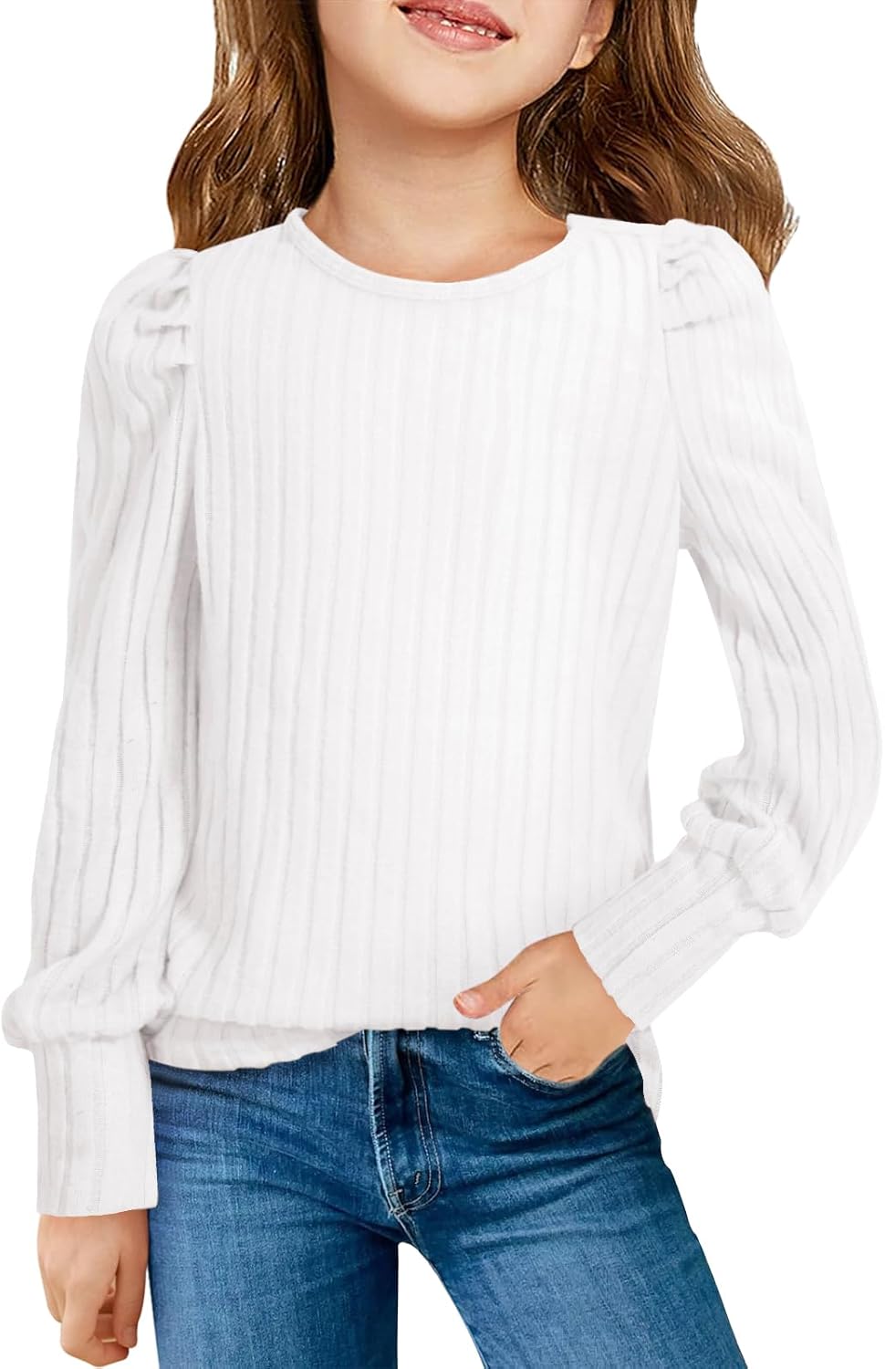 Haloumoning Girls Puff Long Sleeve Shirts Kids Fashion Ribbed Knit Tops Blouse 5-14 Years