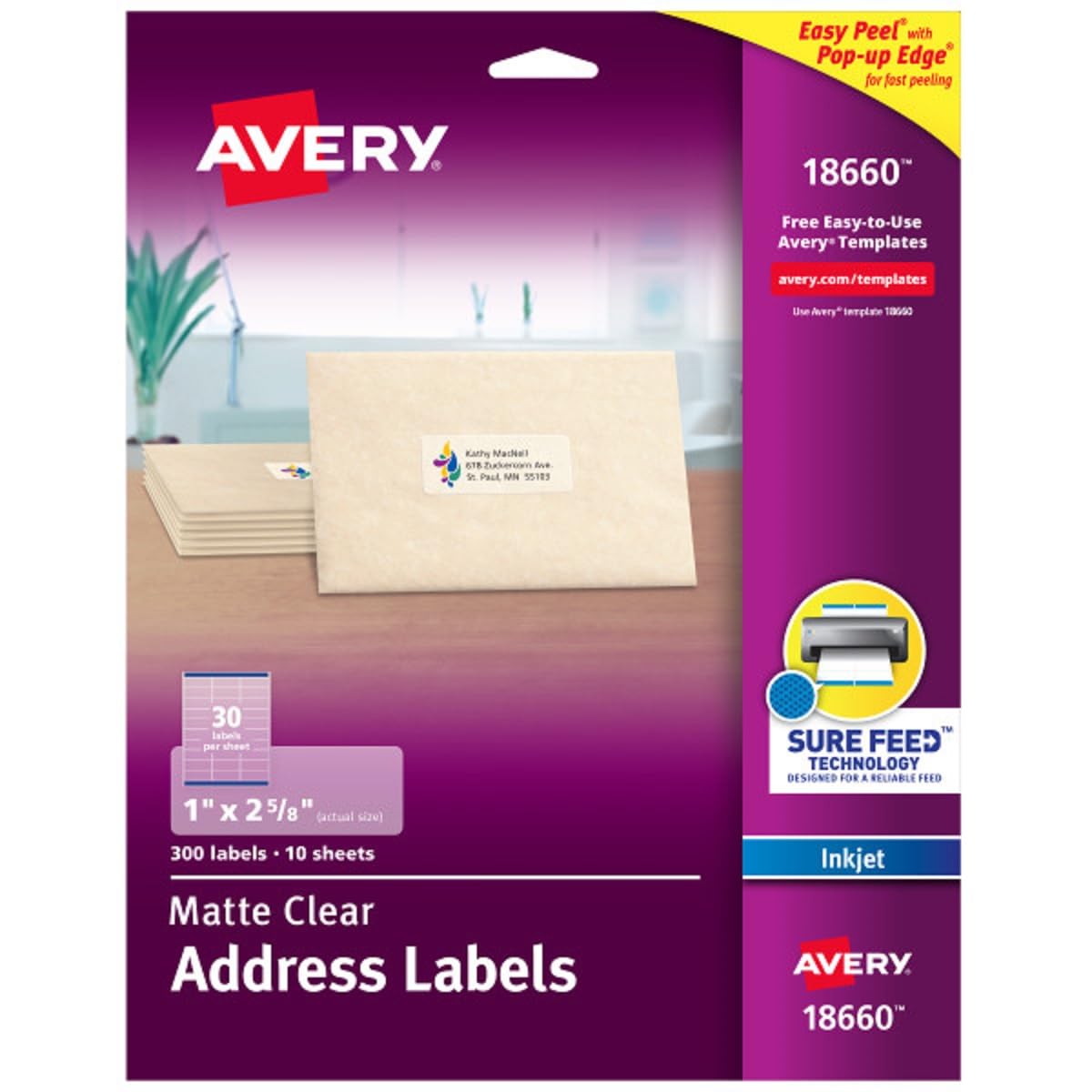 Avery Etiquetas de correo fáciles de despegar para impresoras de inyección de tinta, 1 x 2-5/8 pulgadas, transparentes, paquete de 300 (18660), paquete de 2
