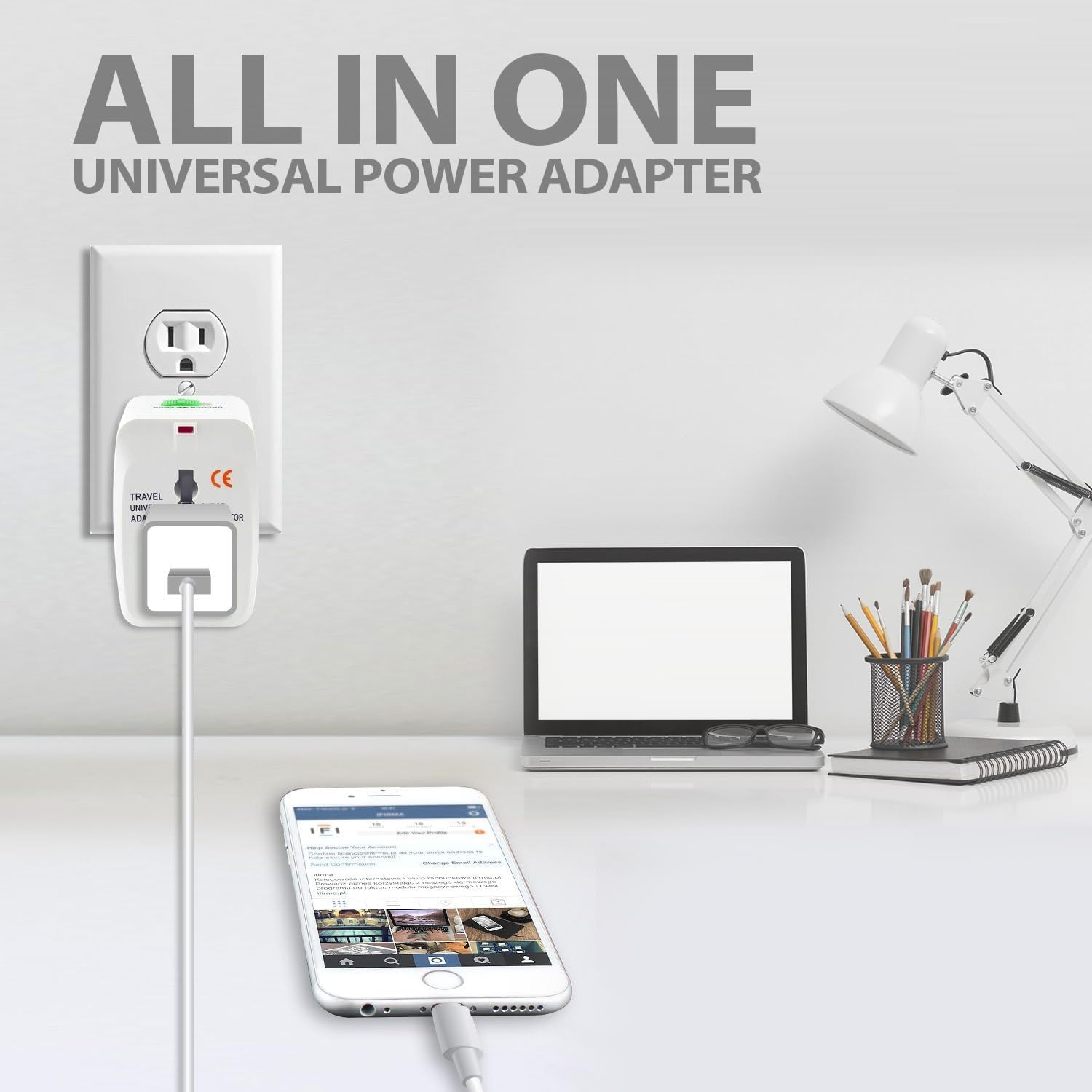 Pivalo Universal Travel Adapter with All in one Multipurpose Power Plug Portable International Travelling 150+ Countries for Phone Camera Laptop (White, Pack of 1) — Amazon image 5