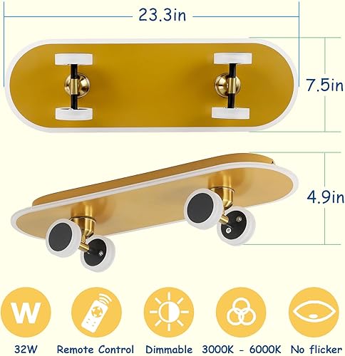 Miniatura 4 de Lámpara de techo LED para niños con control remoto regulable de 32 W, moderna lámpara de techo para patineta, montaje empotrado para dormitorio,