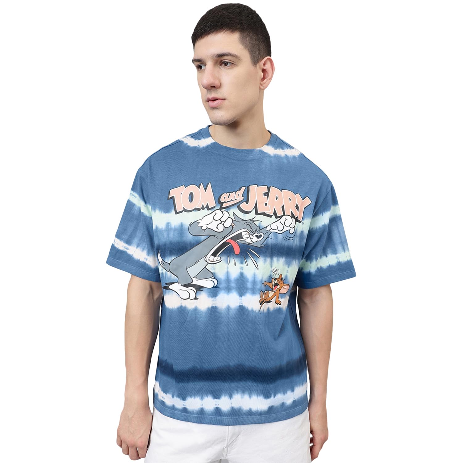 free authority Official Tom and Jerry Men's Graphic Printed Cotton Oversized T-Shirt | Round Neck Short Sleeve Blue Tie Dye Character Loose Fit Tee for Summer-picture-54