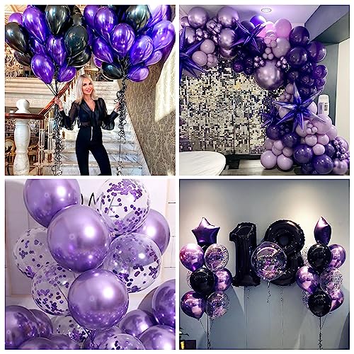 Image of Purple and Black Balloons, 12 Inch Metallic Purple Black Party Balloons Confetti Latex Helium Balloon for Halloween Graduation Birthday Wedding Party Decorations