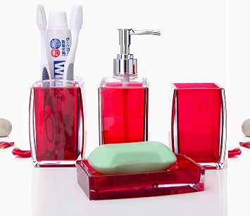 Bathroom Accessories Set,Soap Dispenser,Soap Dish,Toothbrush Holder, Tumbler, Acrylic Bathroom Accessories Set Complete, Modern Bathroom D cor, Gift for Home RED-4PCS