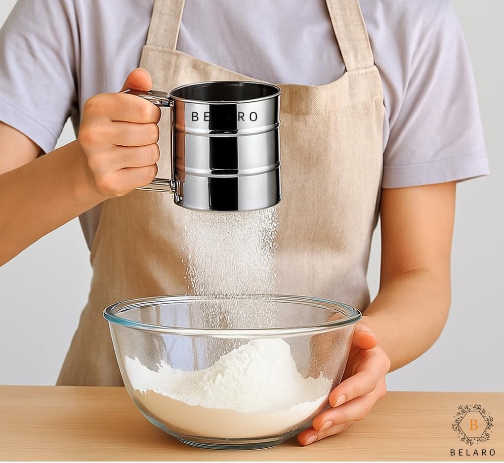 Mehlsieb, 3 Tassen Sieb zum Backen, Edelstahl Mehlsieb zum Backen von Kuchen, Gebäck, Kuchen, Cupcakes und Desserts, Puderzuckerstreuer Staubwedel, mit Handpress-Design