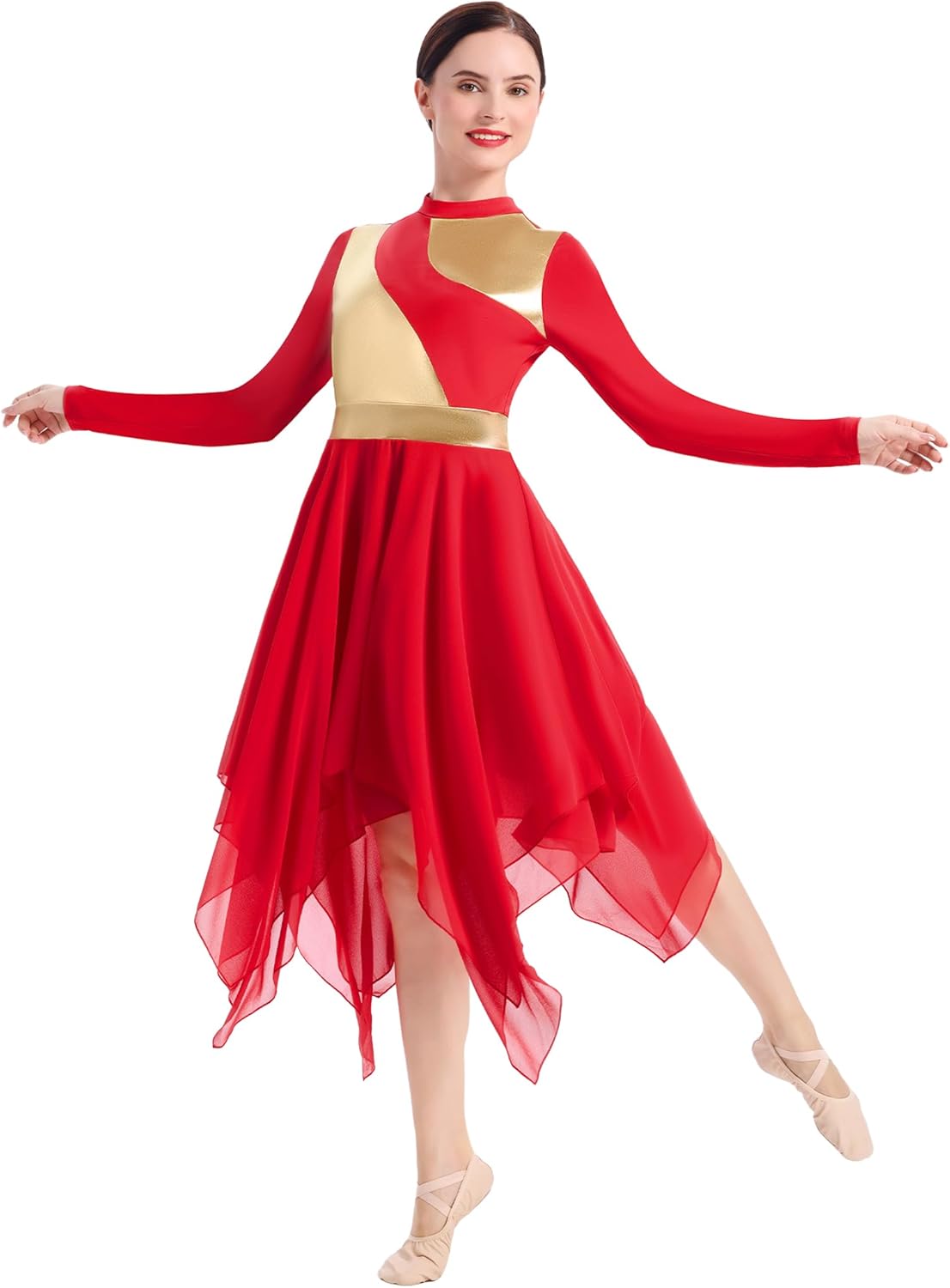 AFAVOM Metallic Praise Dance Dresses for Women Gold Color Block Asymmetric Overlay Tunic Liturgical Dancewear Worship Costume