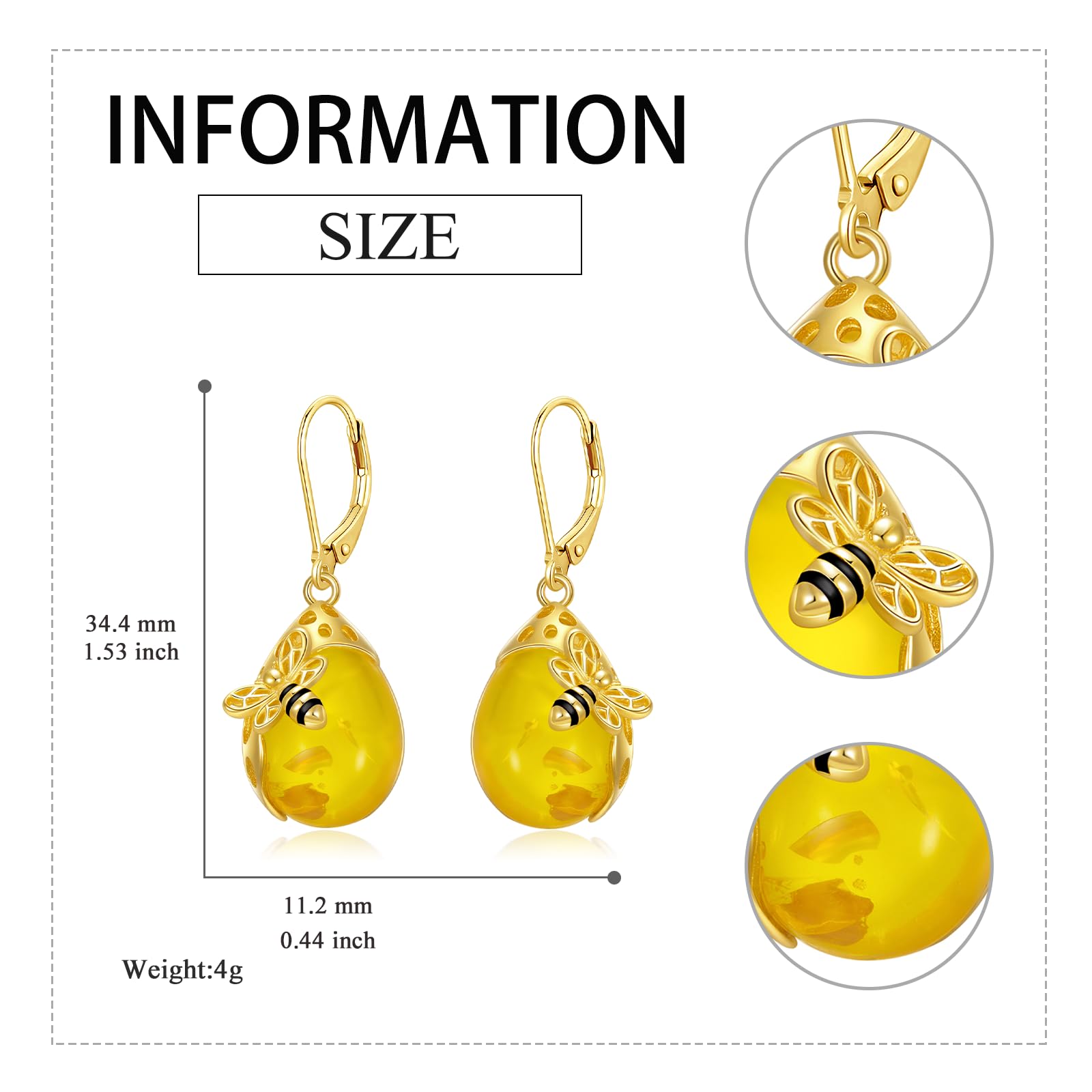 VONALA Orecchini in ambra a goccia, design ape e nido d'ape, argento sterling 925, senza nichel e senza piombo, ideali per abbigliamento casual o formale, perfetti come regalo per ogni occasione
