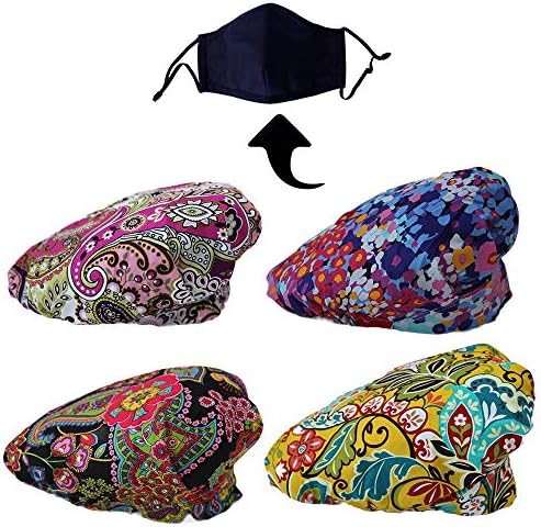 JoyRing 4 Pack Adjustable Surgical Scrub Cap Medical Doctor Bouffant Hats with Sweatband and Free Cotton Mask (Set K)