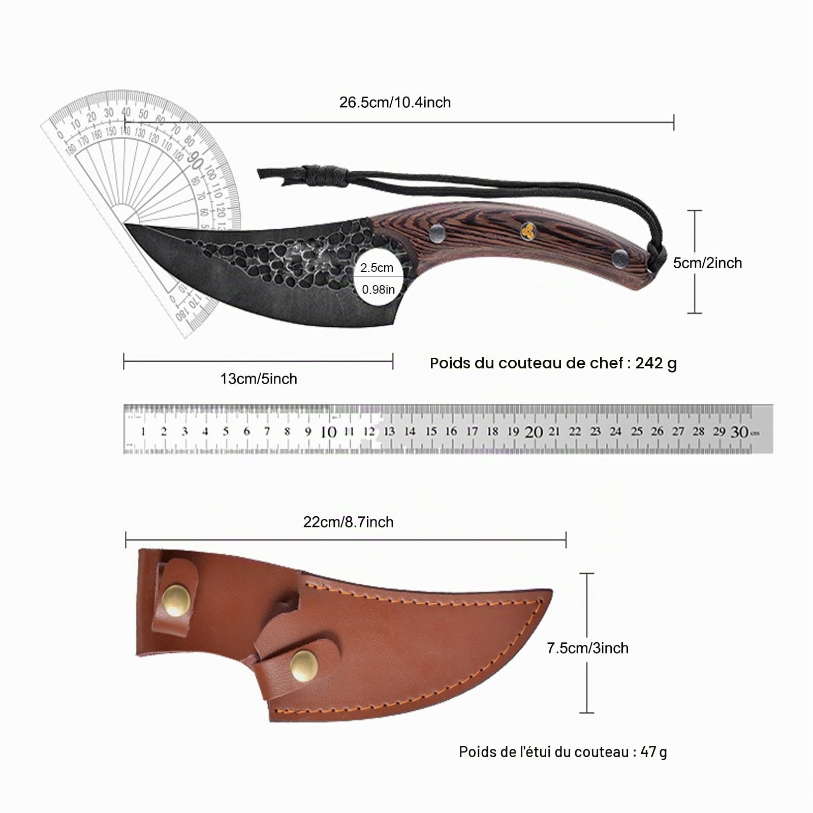 Couteau de chef de cuisine japonais forgé à la main pour le camping Couteau à désosser Viking en acier à haute teneur en carbone avec étui en cuir véritable