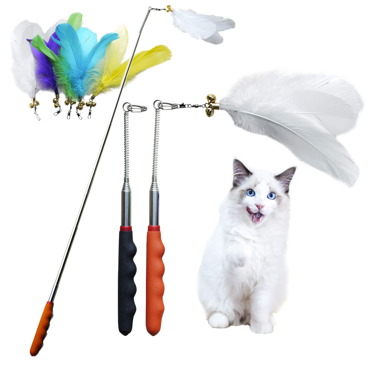 JOCYI Cat Feather Toys,2PCS Telescopic Stick 33Inch and 6PCS Replacement Teaser, Stainless Steel Spring Connection Feather,Bell Sound Louder,Not Easy to Break,Easier to Replace Feathers
