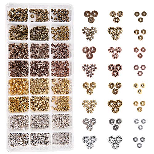 PH PandaHall 720pcs Tibetan Spacer Beads, 6 Styles 4 Colors Alloy Jewelry Beads Charm Spacers for Bracelet Necklace Jewelry Making Supplies