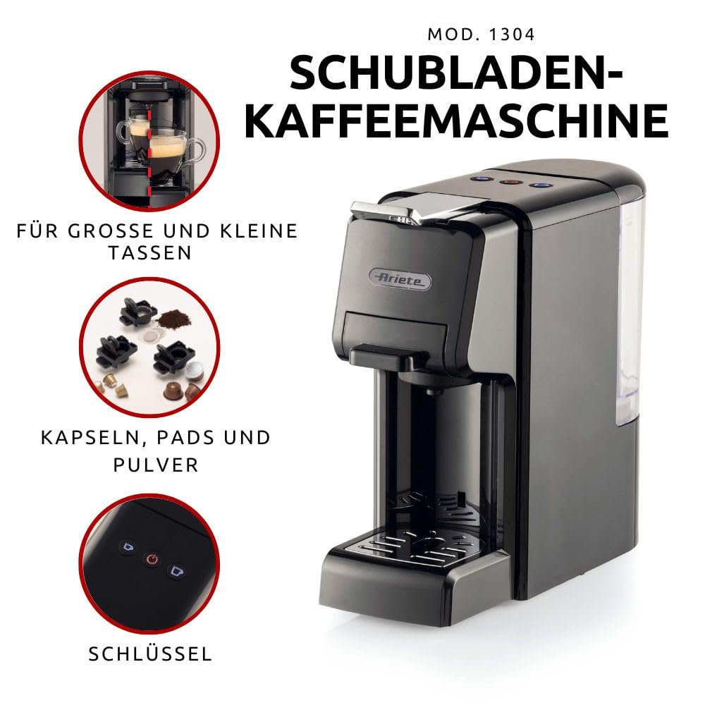 Ariete 1304/1 Macchina da caffè a cassetti, 1350W, Capacità serbatoio 0,7L, Pressione 19 bar, 3 tipologie di cassetto, Cialde e Polvere, Rosso