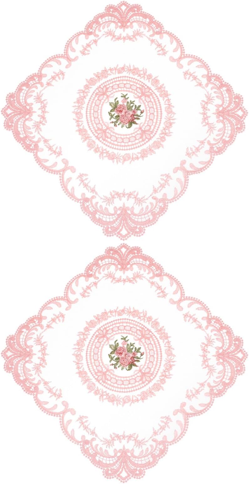 uxcell 2Pack Retro Lace Placemat 12x12-in Square Embroidered Table Place Mats French Crochet Doilies Coasters Cup Mat for Home Wedding, Pink
