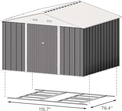 Vista 14 de Patiowell - Cobertizo de almacenamiento de 10 x 12 pies para herramientas, de metal y con puertas con cerradura, para exteriores, jardín, patio Gris
