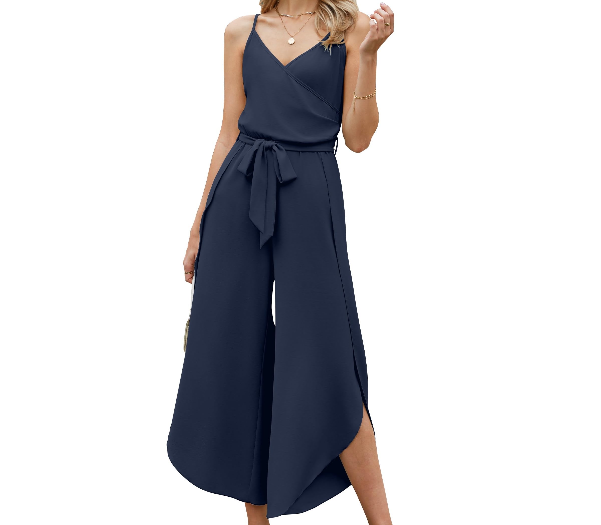 Theenkoln Jumpsuit Damen Sommer Lang: Sexy Cocktail Elegant Mode Gürtel Overall Hochzeit Hawaii Urlaub Strand V-Ausschnitt Hosenanzug Business Baggy Festlich Rüschen Spaghettiträger Outfit