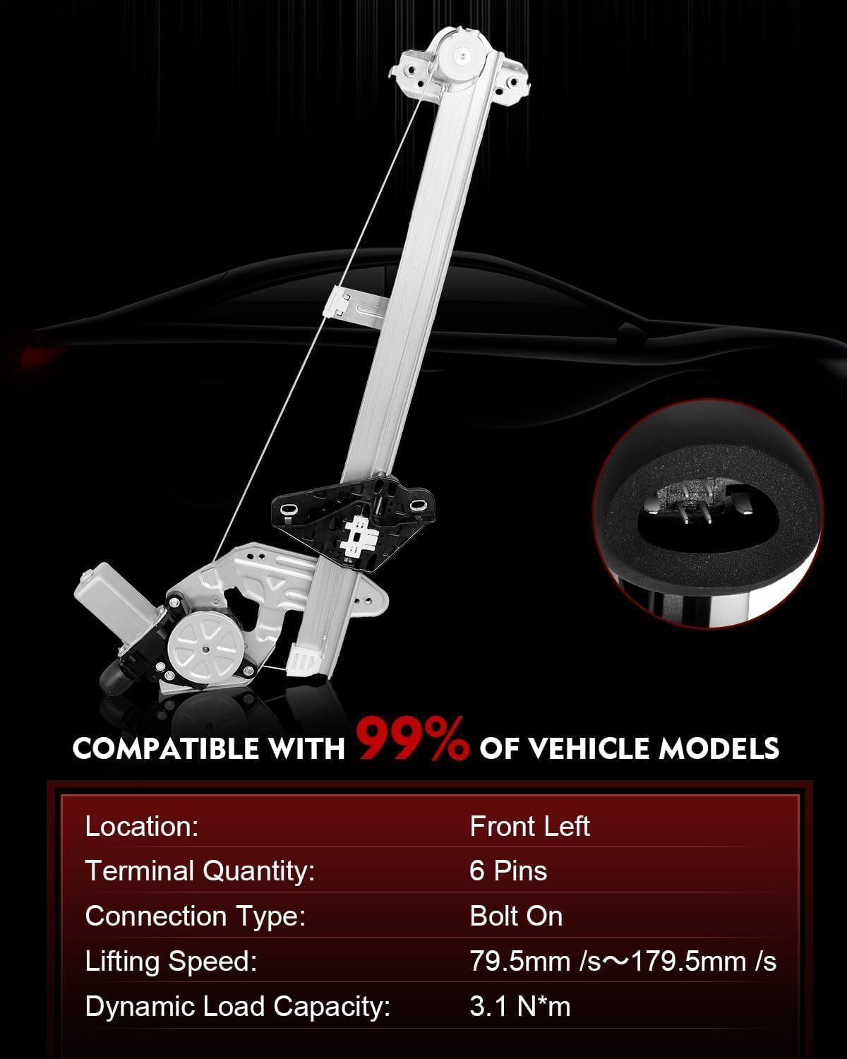 Front Left Driver Si Driver Side Power Window Regulator with Motor for:-Honda Fit Base 2009-2013, Fit Ev 2013-2014, Fit Sport 2009-2013, 6 Pins Connector Replace# 72250-TF0-G01 751-621 751621