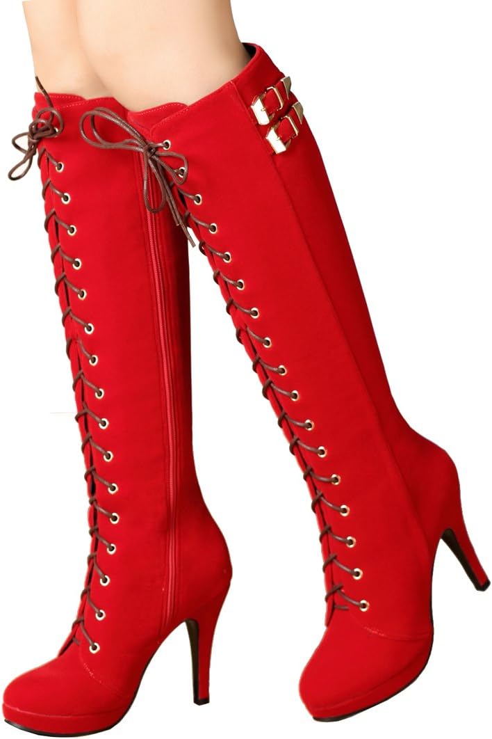 getmorebeauty Womens Knee High Boots Suede Buckle Rock Lace Up Zipped Thigh High Heel Boots - Image 4