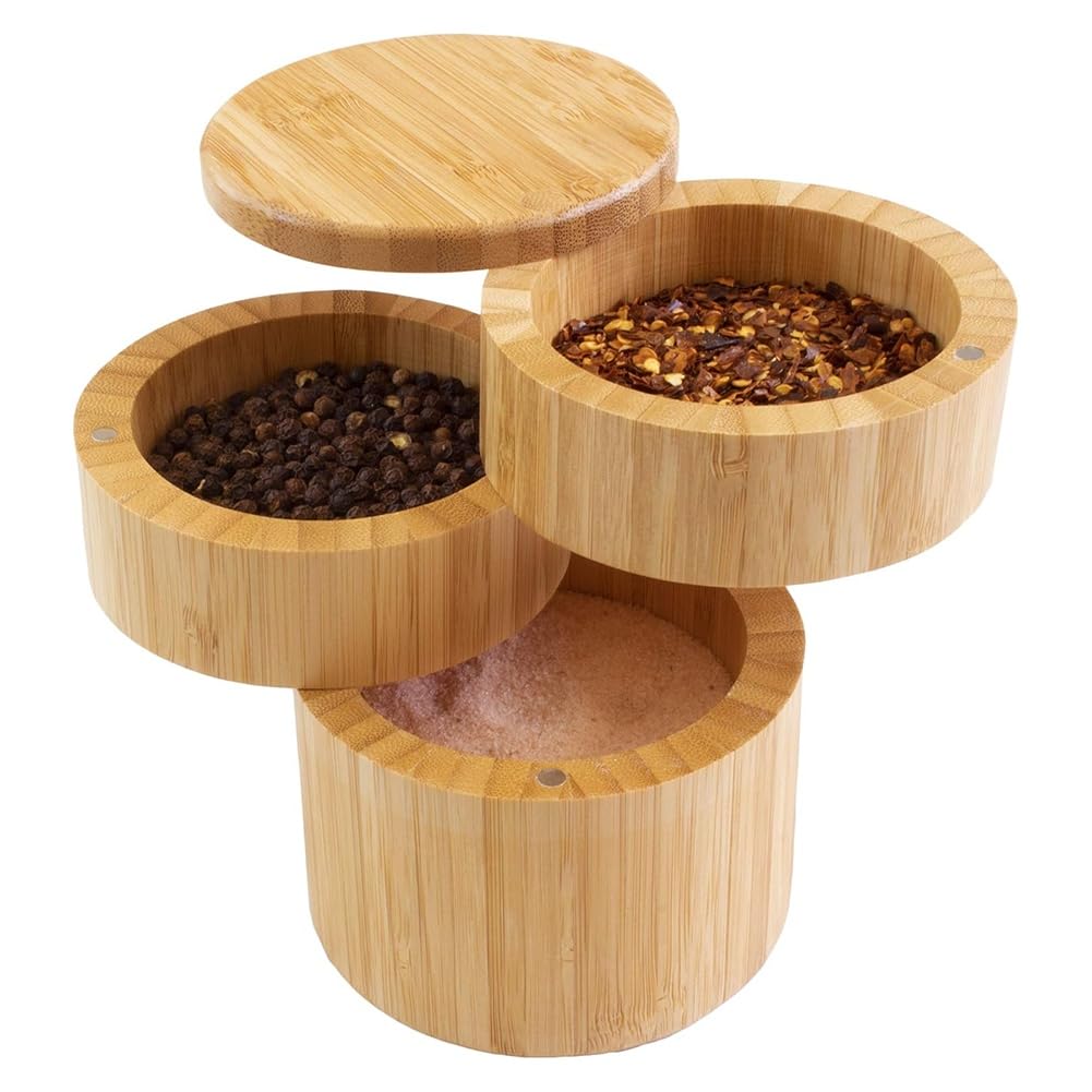 Hndhbfgrt Triple Salt Cellar Rotating Type Bamboo Salt and Pepper Storage Box with Magnetic Swivel Lids Separator
