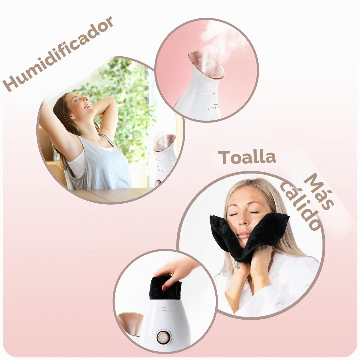 STYLPRO Vaporizador 4 en 1: vaporizador facial, difusor de aromaterapia, humidificador y calentador de toallas: niebla facial iónica para limpieza profunda, spa casero de lujo, desatasca los poros