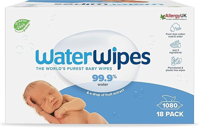 WaterWipes Original  pozbawione plastiku chusteczki dla niemowląt, 1080 sztuk (18 opakowania), nawilżane w 99,9% wodą, bezzapachowe, dla wrażliwej skóry