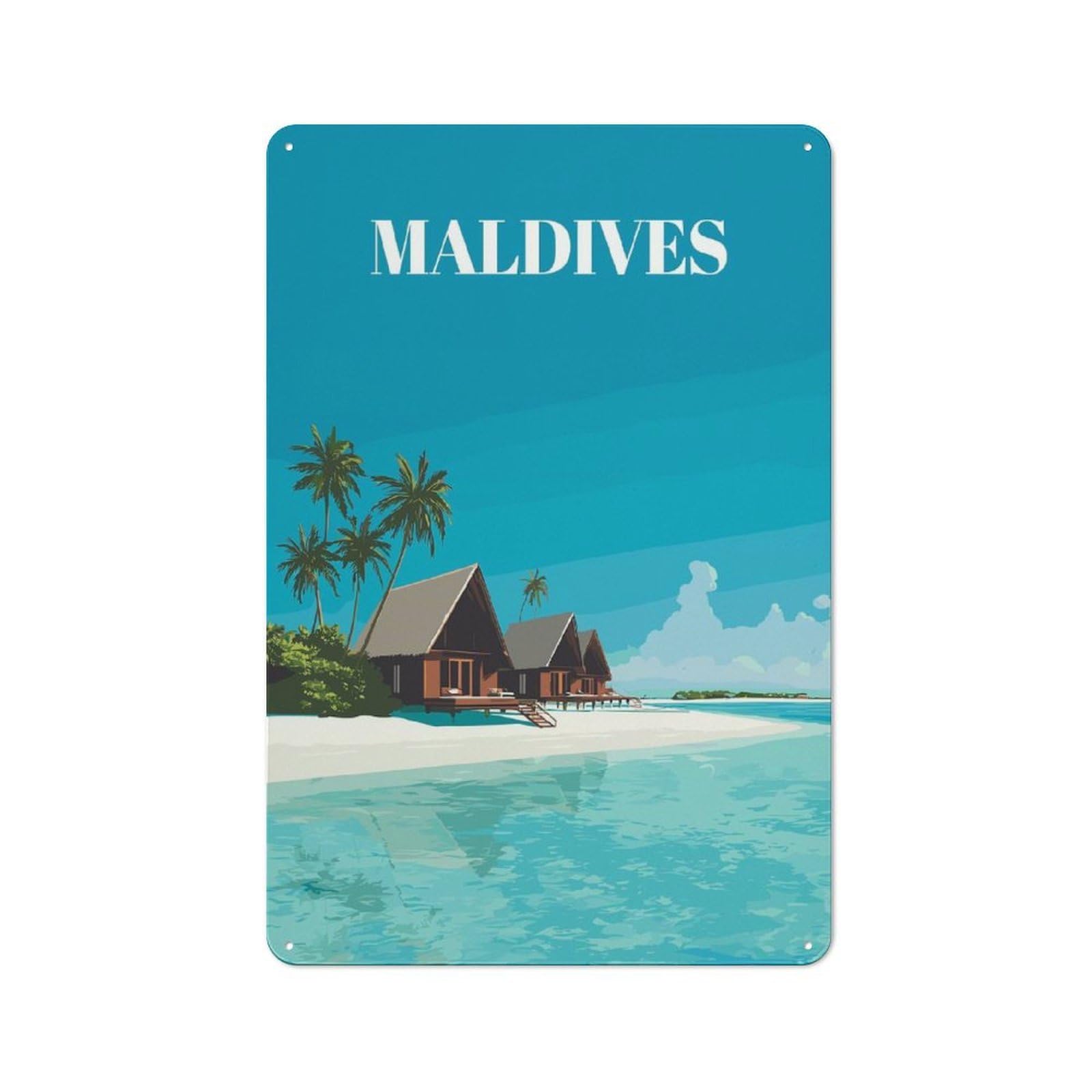Junmoney Style-20 Workshop Style Maldives Tropical Beach Resort Illustration Decorative Metal Plaque 30X20cm, Shed Wall Plaque For Tool Room, Garage, Studio Or Home Bar