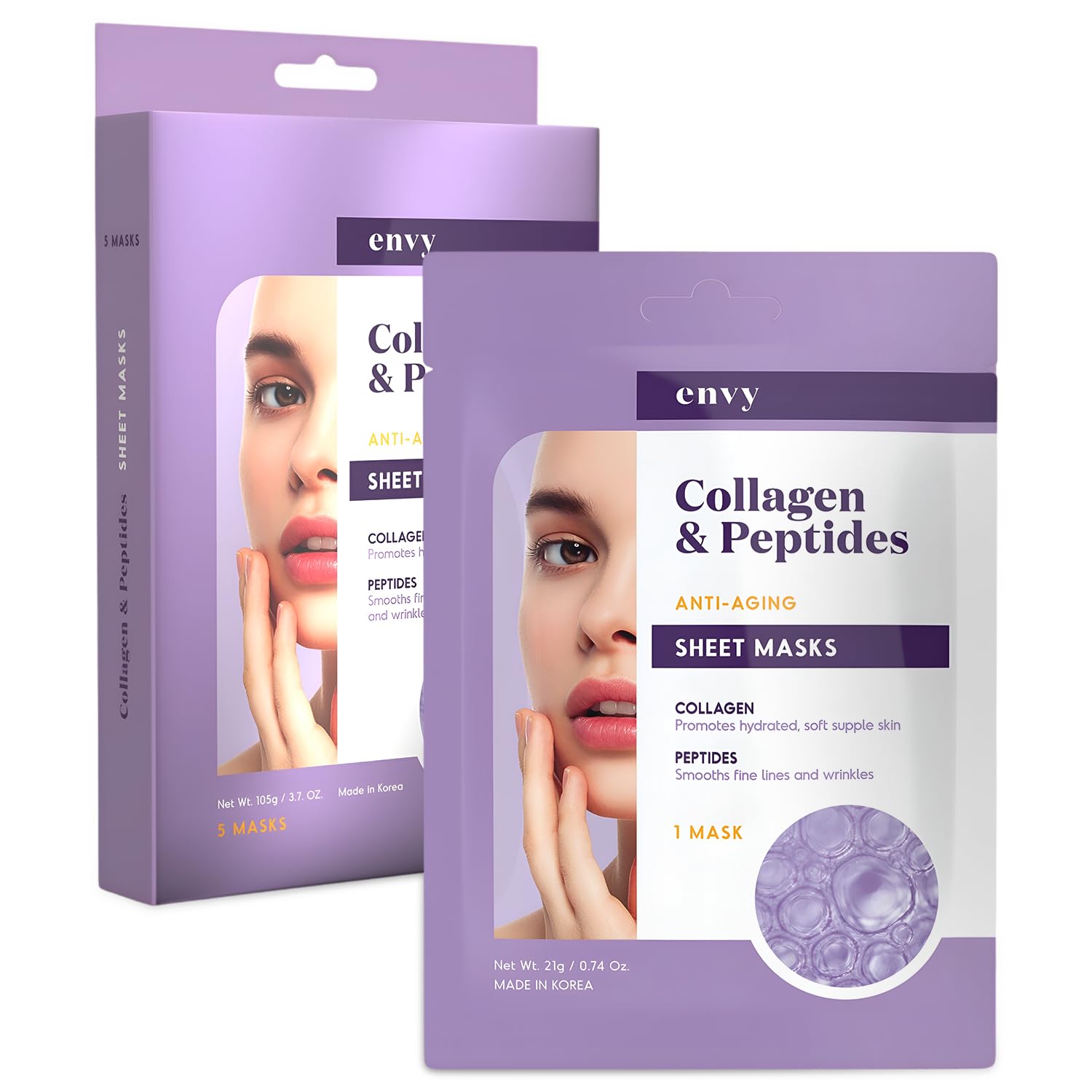Envy Collagen & Peptides Sheet Face Mask - Hydrating, Anti-Aging & Reduces Acne Scars & Wrinkles - Dermatologist Tested, Clean Beauty Korean Skin Care for All Skin Types - 5 Masks