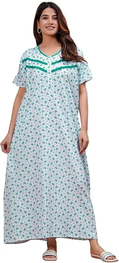Fufufrog White Cotton Stylish Night Gown, Comfortable Sleepwear Long Nightie Skin Friendly Ladies Maxi 100% Pure Cotton Ni...