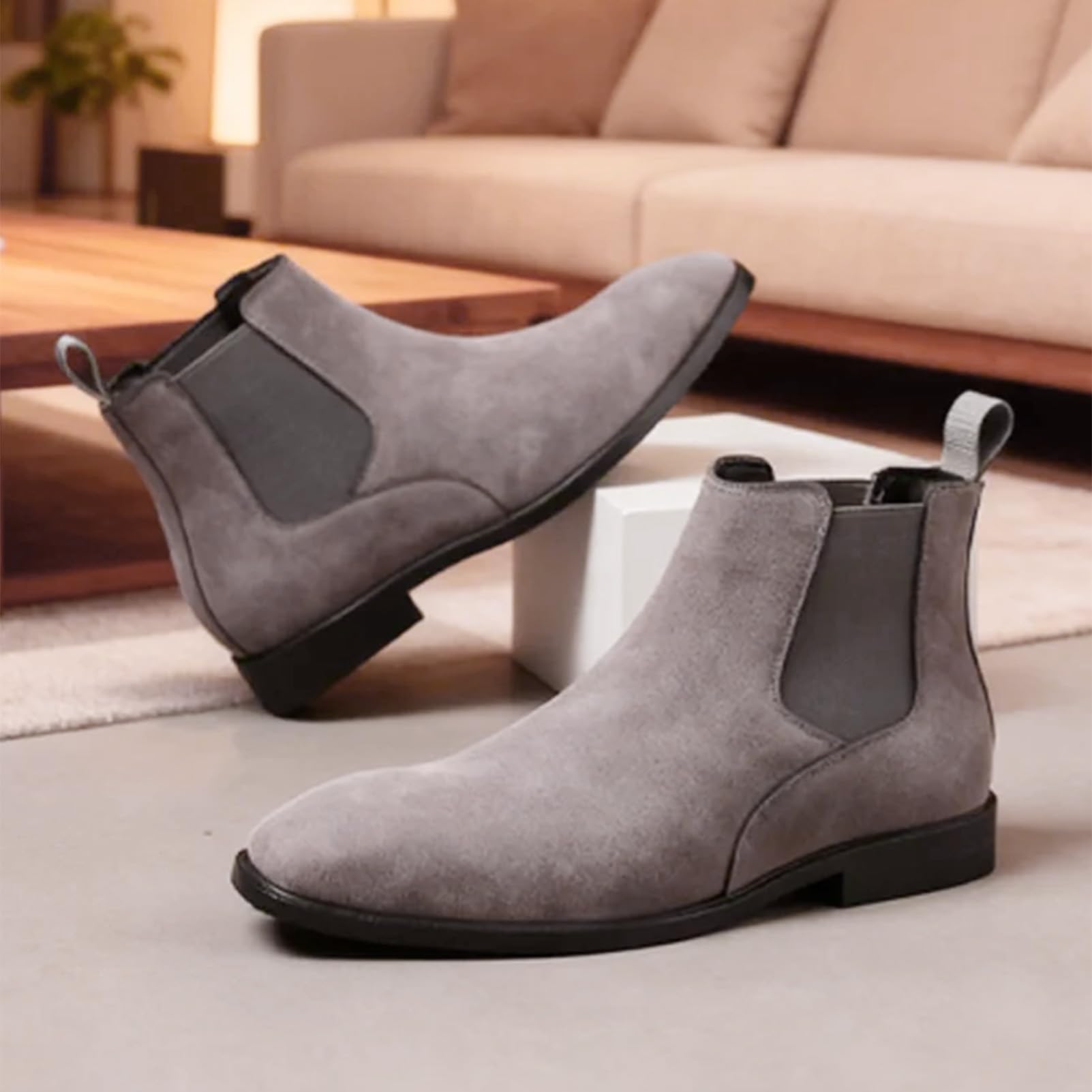 ANUFER Hombres Vacuno Cuero de Ante Botas Chelsea Punta Cuadrado Slip On Vestido Botines de Tobillo