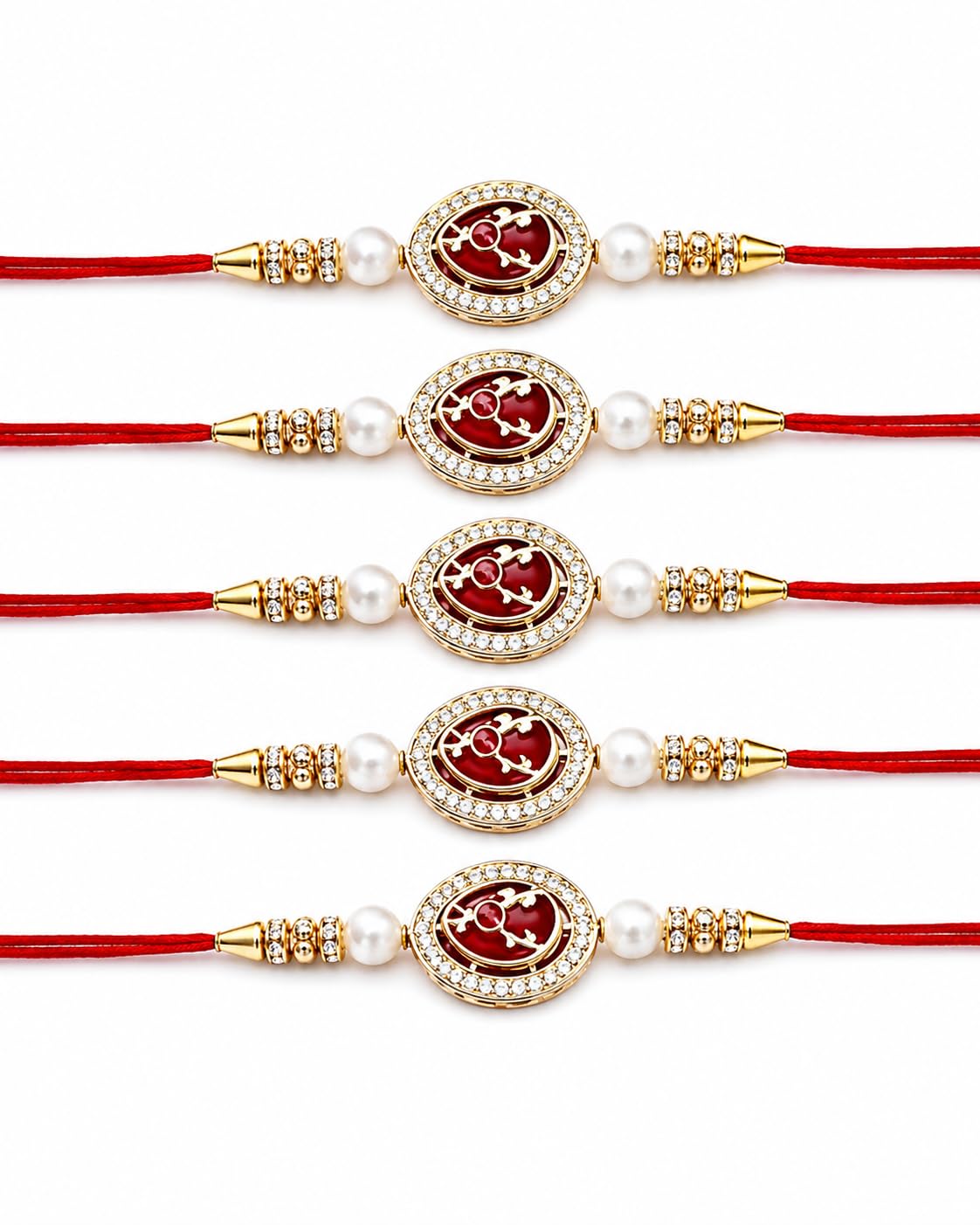 Rakhi for Brother Golden Plated Designer Raksha Bandhan Thread with Crystal Studded Oval Charm Pearl Beads Traditional Festival Gift (combo set-5)-image-22