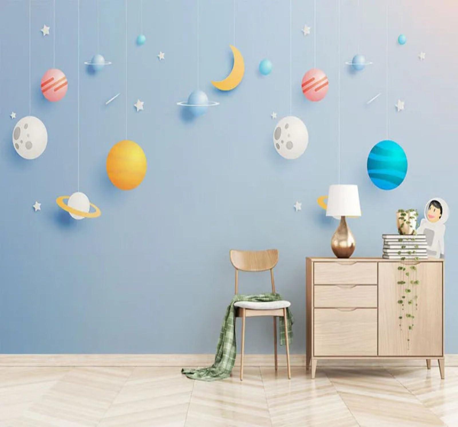 Wallpaper-3D-Xlm 350Cm×256Cm(B×H) Cartoon Fresh Blue Sky Stars Planets 3D Wallpaper Easy Install Feature Office Living Room Sofa Bedroom Tv Background Wall Decoration-350Cm×256Cm
