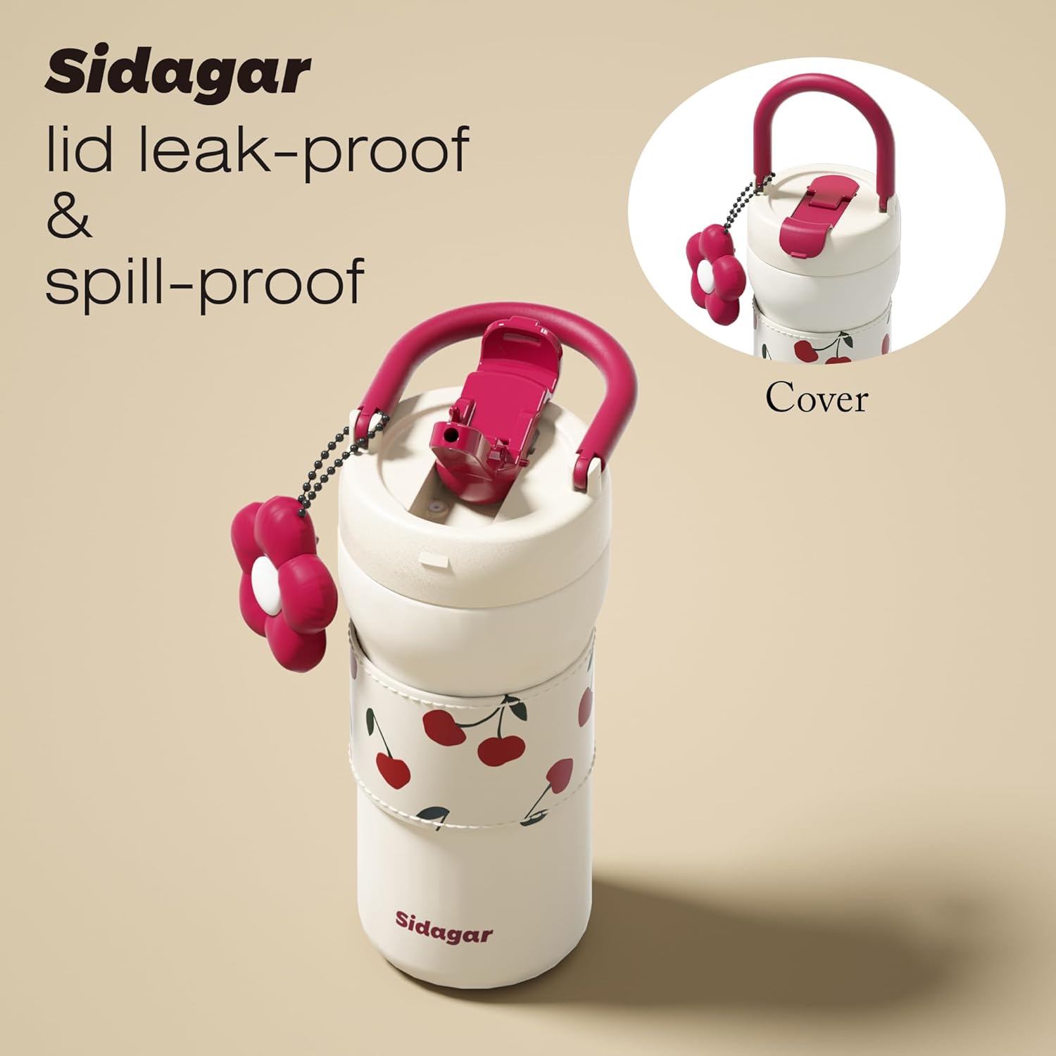 24 oz Tumbler with Handle and Straw, Stainless Steel Insulated Water Tumbler, Aesthetic Fruit Print Coffee Mug for Women, Yoga, Commute, Cherry Charm - Pearl White - Image 3