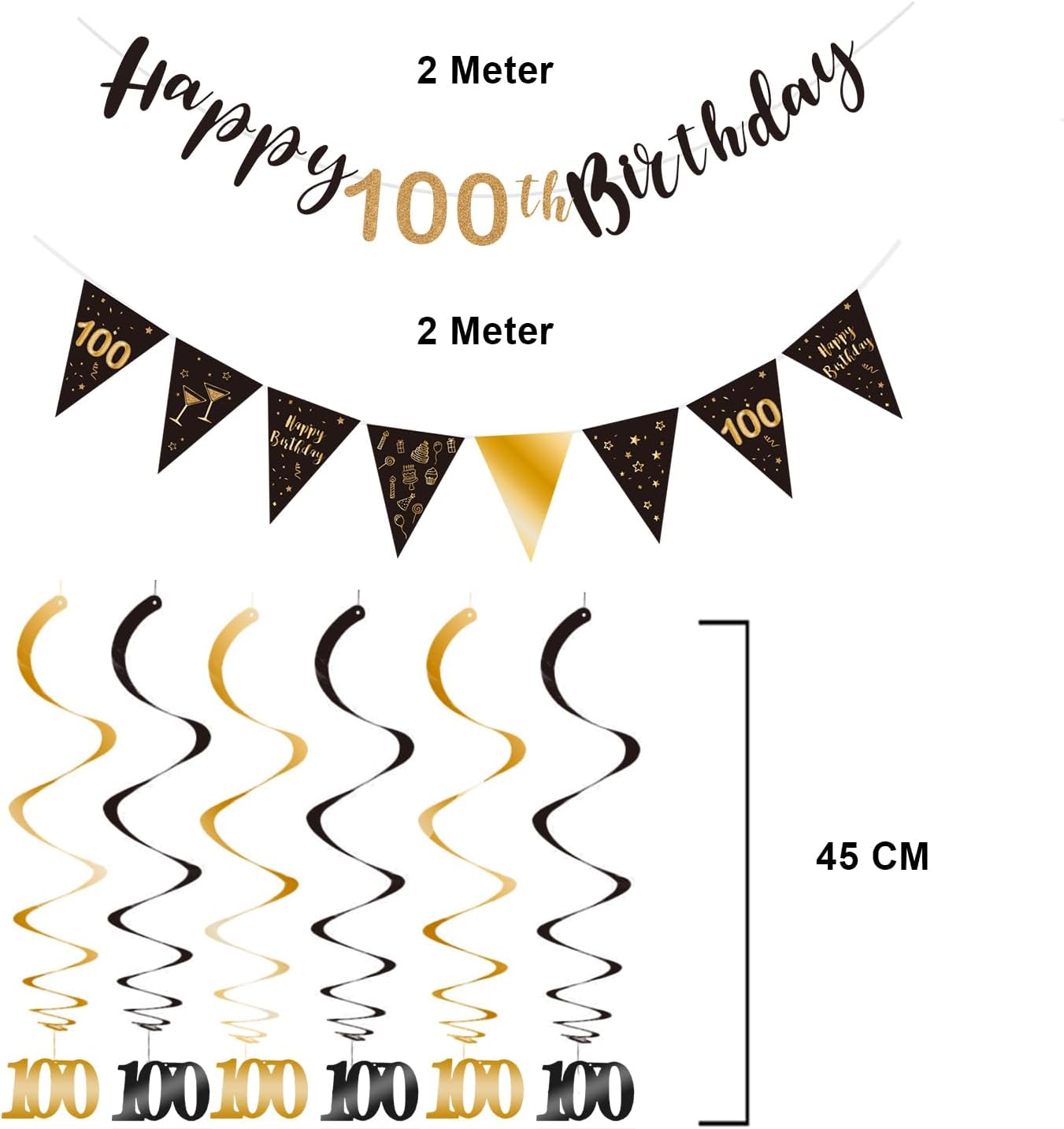 BRT Bearingshui Happy 100th Birthday Triangle Flag Banner Bunting Swirls Streamers Decoration Kit for Birthday Party Decorations Supplies Black and Gold 100th - Image 3