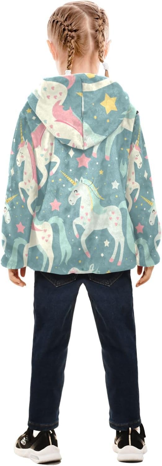 ALAZA Unicorns and Stars Hoodie Jacket for Girls Toddler Fleece Zip Up Coat Plush Jacket Long Sleeve Outerwear for 3 Years