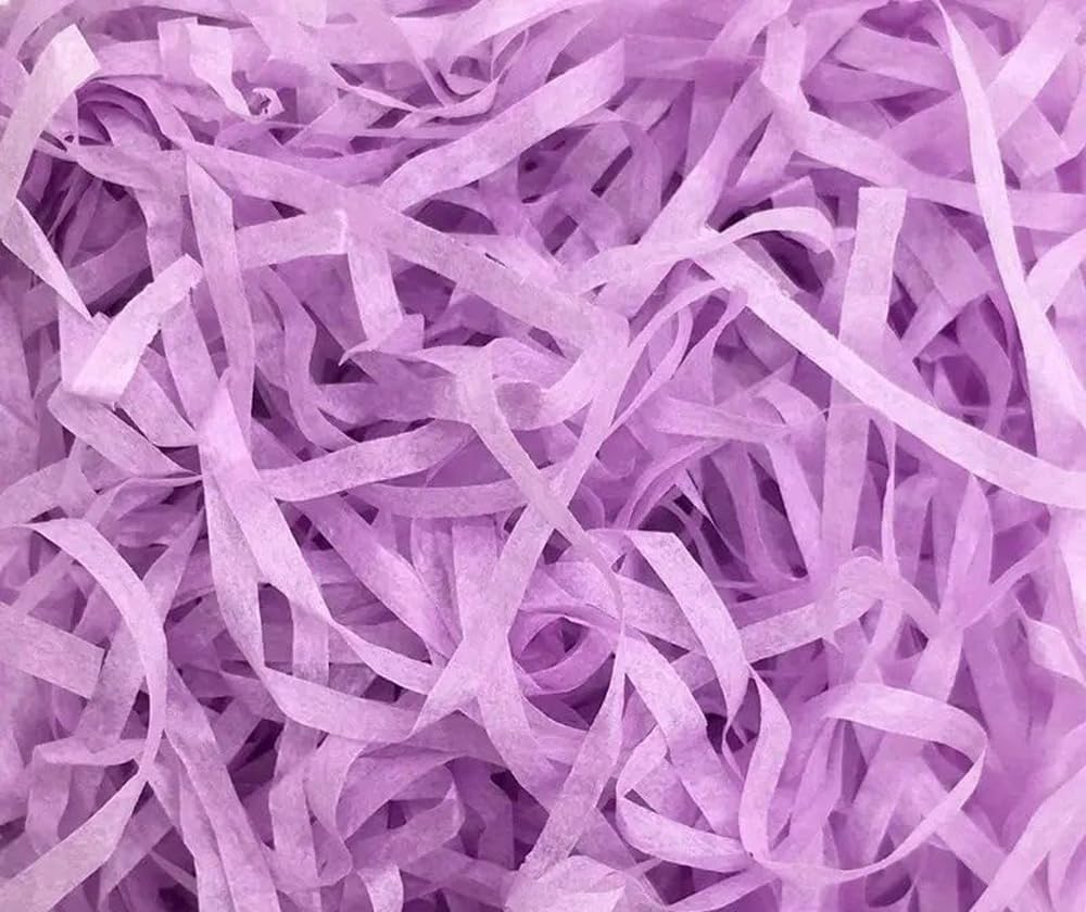 Goldedge Pastel Purple Iridescent Crinkle Cut Paper Shred Filler with Mini Green Wheat Flowers - Holographic Translucent Raffia Grass with Full Mini Flowers for Gift Boxes, Bags, and Baskets Filling