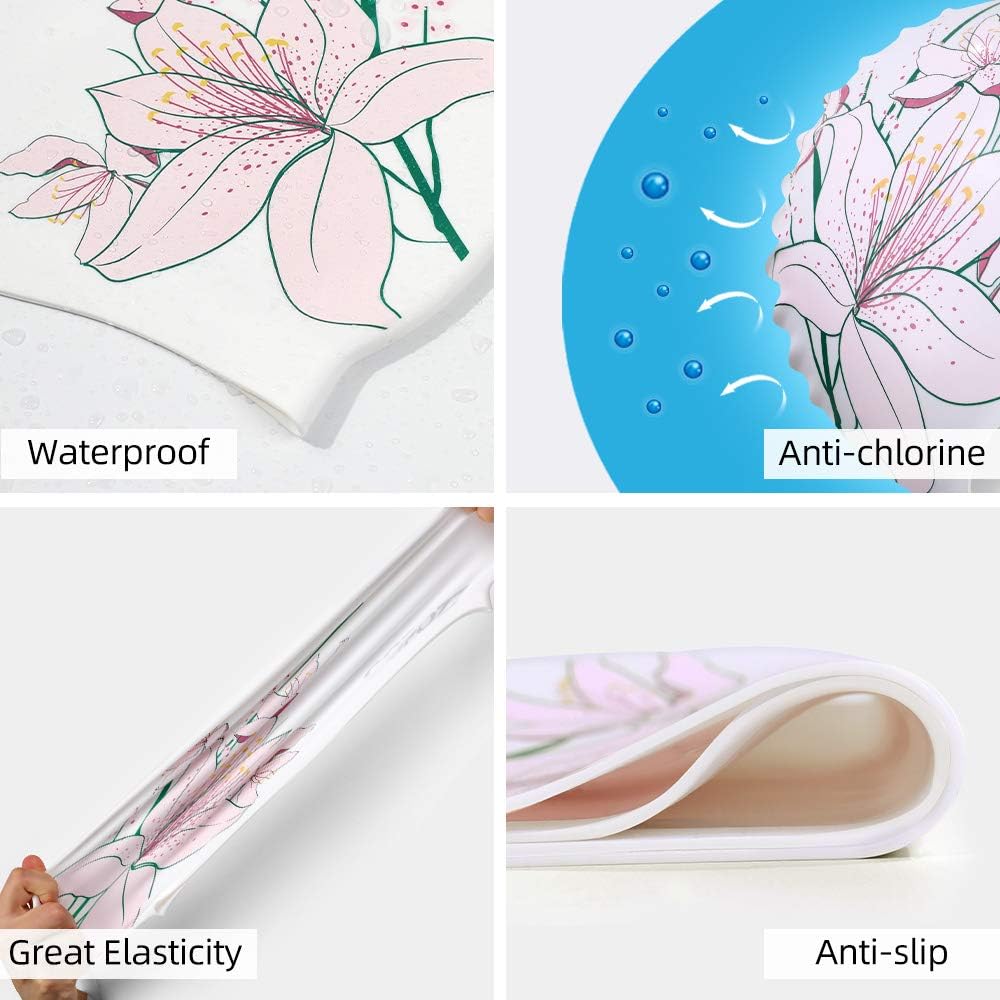 Adult Swim Cap, Silicone Waterproof Swimming Caps Stretchable Bathing Cap Comfortable Swimming Hat for Adults Youth Women Girls (Lily) : Sports & Outdoors