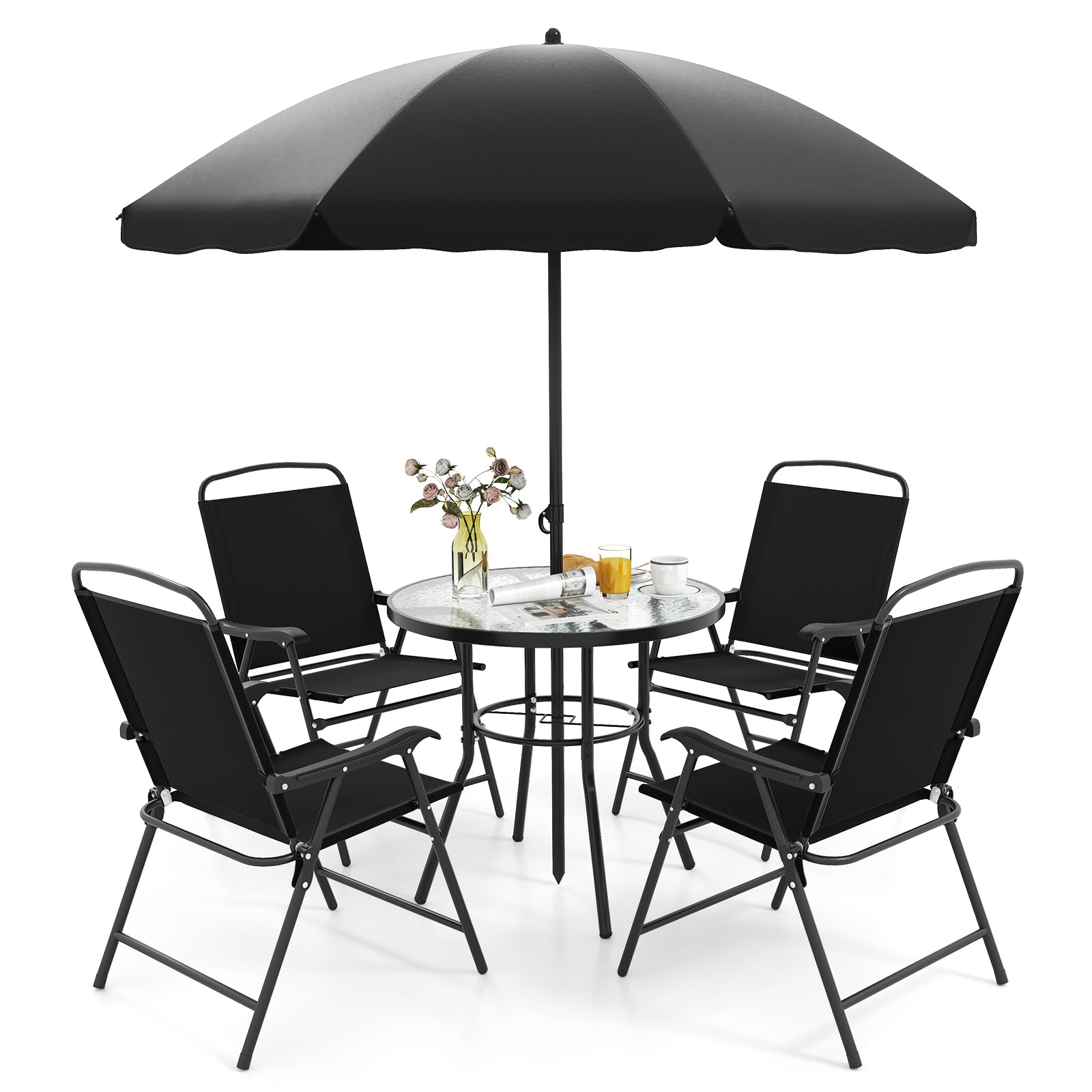 GOPLUS 6Pcs Salon de Jardin Exterieur 4 Personnes avec 4 Chaises Pliantes en Textilène, Table Basse en Verre Trempé et Parasol Jardin, pour Patio, Balcon et Terrasse (Table+Chaises+Parasol,Noir)