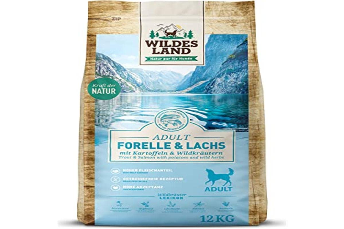 WILDES LAND – Lachs | Trockenfutter mit extra hohem Fleischanteil und natürlichen Zutaten für ausgewachsene Hunde. Alleinfutter ohne Zusatzstoffe im Beutel | 12kg Lachs