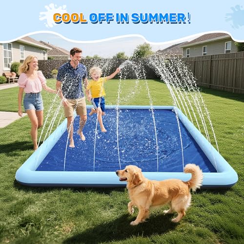 Image of 107 x 67 in Large Rectangle Splash Pad for Dogs & Kids, Non-Slip Sprinkler Pool, Extra Thick Shallow Water Play Mat for Backyard Summer Water Play, Teal