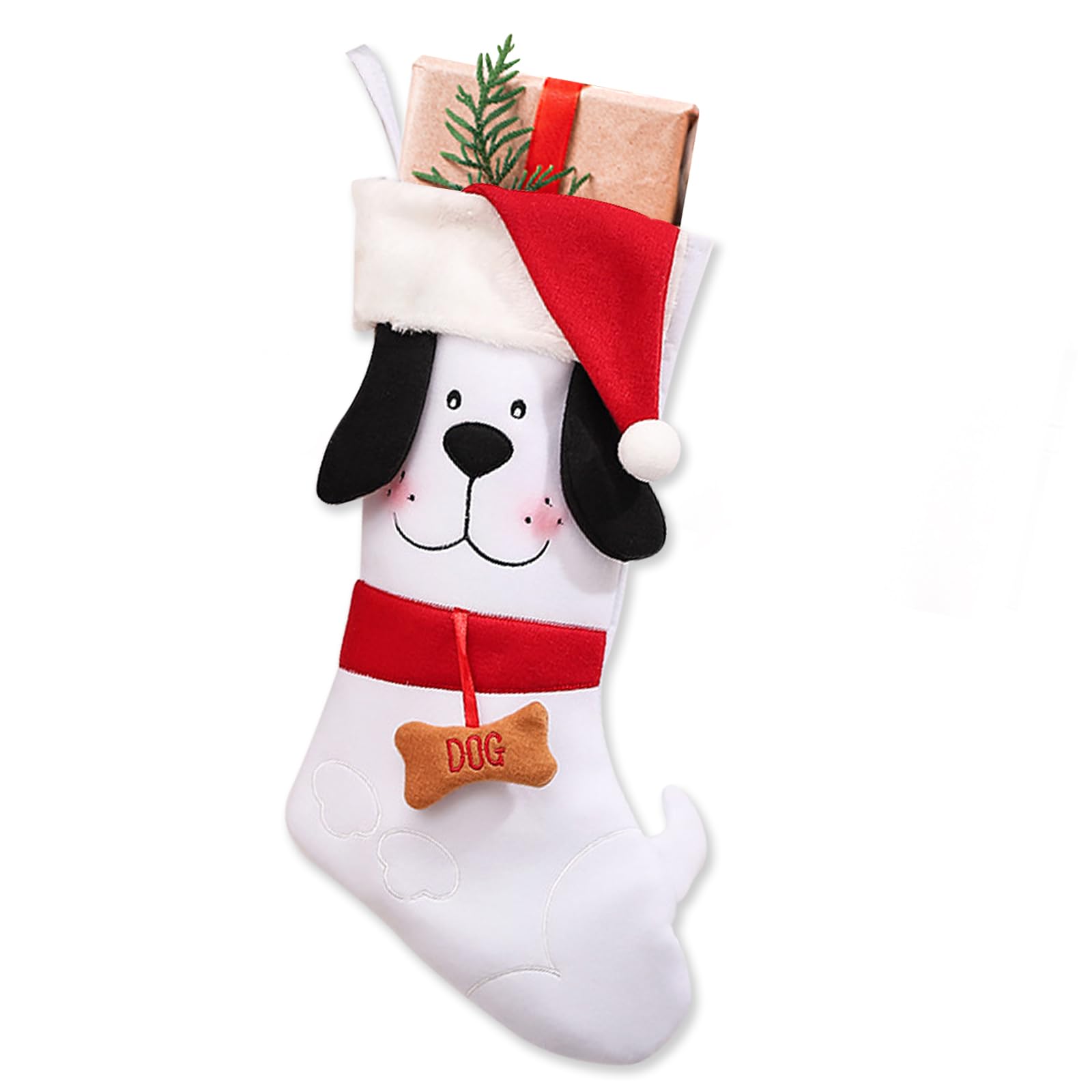 ALIBBON Medias de Navidad para perros de 17 pulgadas, perro blanco grande con sombrero de Navidad, medias de Navidad para perros y mascotas, medias colgantes para chimenea, decoración de Navidad