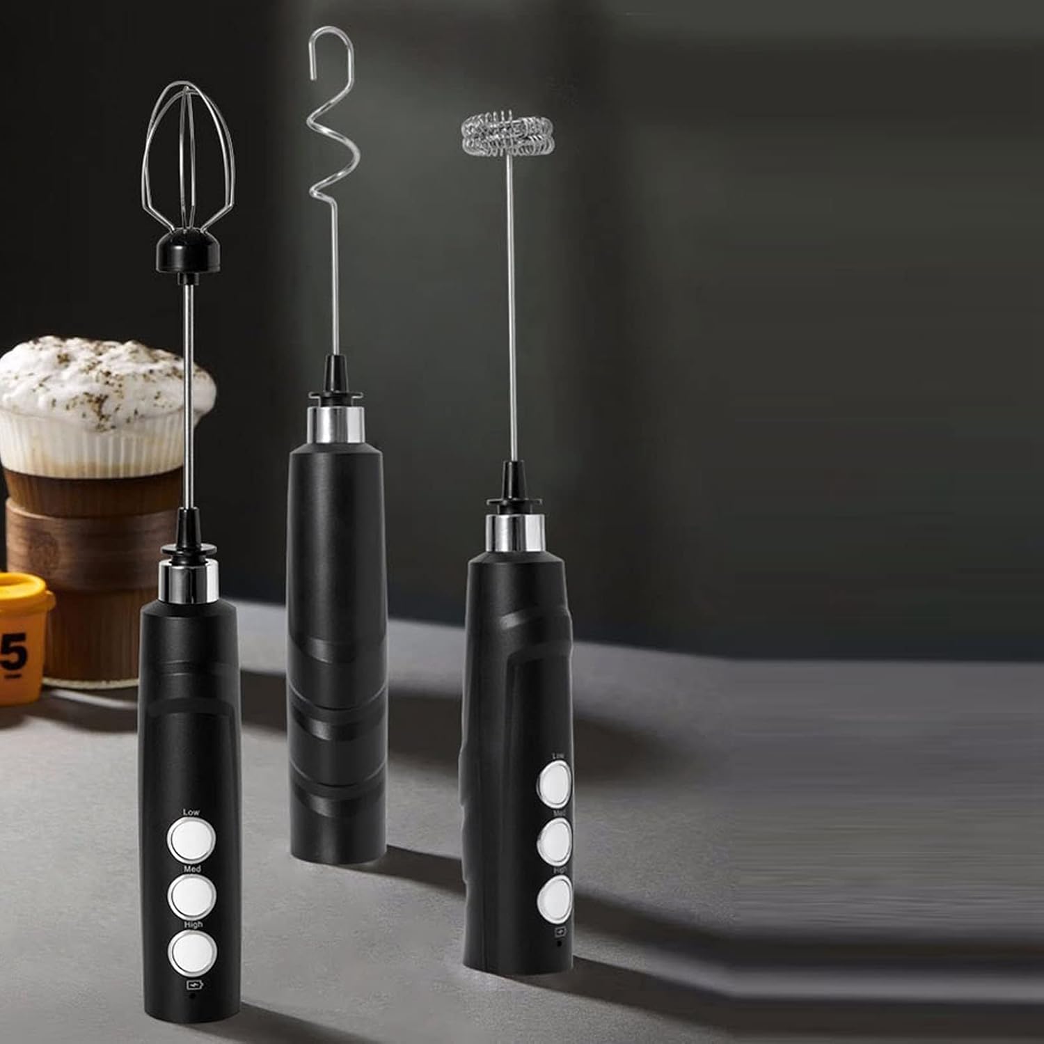 Milk Frother Wand Whisk Tumbler Stirrer Rechargeable Handheld Mini Foam Maker - Electric Hand Blender Drink Mixer for Coffee Egg Hot Chocolate - Black Kitchen Gadgets