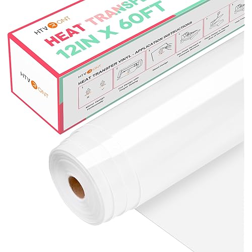HTVRONT Heat Transfer Vinyl White Iron on Vinyl-12 x 60FT White HTV Vinyl Roll Easy to Cut & Weed for Heat Vinyl Design (White)