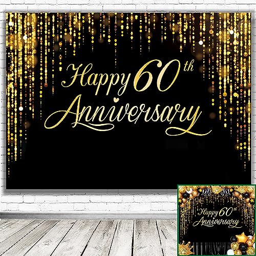 Image of Happy 60th Annverisary Background Decorations Black Gold Backdrop Banner, Large Black Gold Photography Background Suitable for Wedding Anniversary Party Birthday Party Decoration 84 * 60''