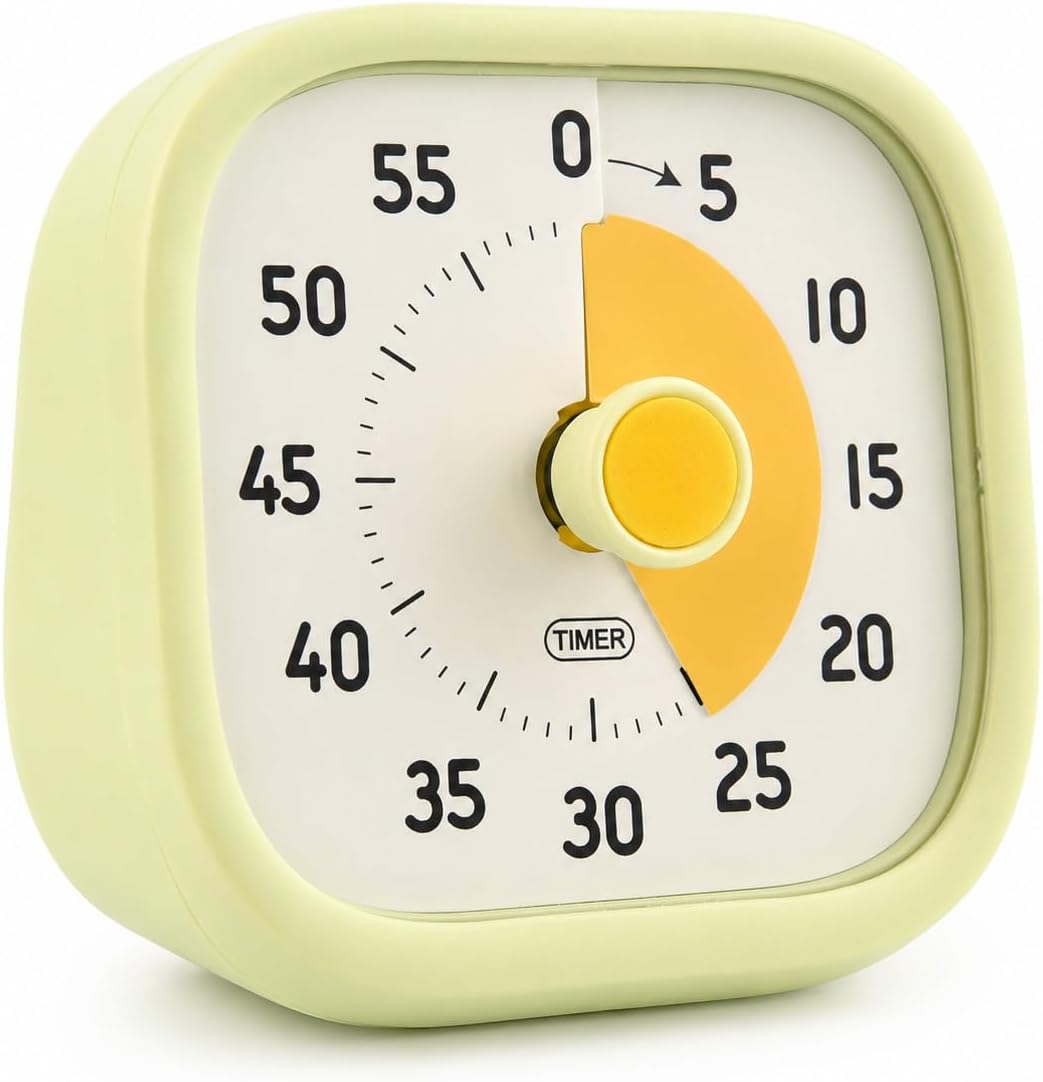 Wizualny timer 60 minut odliczania czasu z trybem bezgłośnym i alarmem, analogowy timer do kuchni, biura, nauki i koncentracji, zielony, kwadratowy design