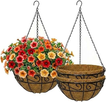 10 Inch Hanging Baskets for Plants Outdoor, 3 Pack Metal Wire Hanging Planters with Coco Coir Liners, Rust-Resistant Flower Basket with Chains & Hooks for Garden Patio Porch Deck Balcony