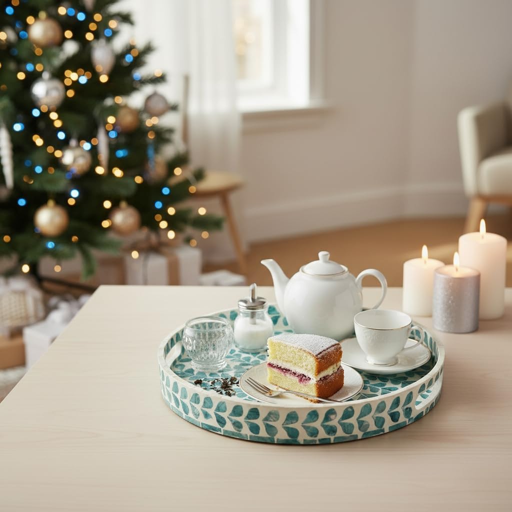 PEMAR 12.6” Mother of Pearl Round Serving Tray with Handles, Decorative Nacred Wooden Ottoman Coffee Table Tray (Teal Floral Pattern)