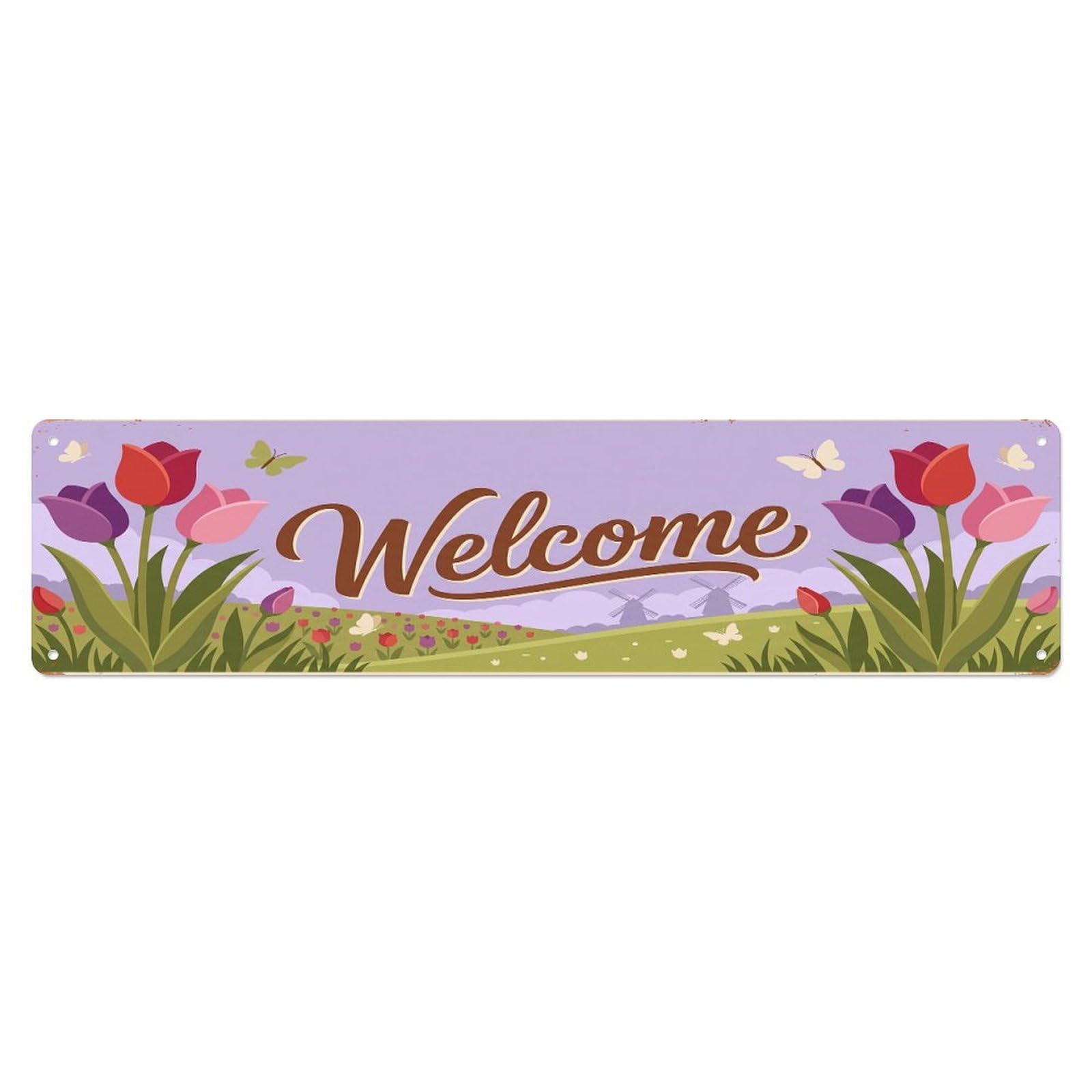 Cxhjca 4X16inch(10X40cm) Vintage Welcome Tulip Spring Metal Tin Sign
