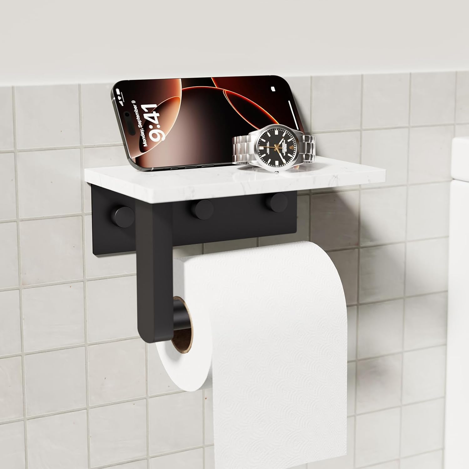 Toilet Paper Holder with Marble Shelf, 304 Stainless Steel Tissue Hand Holder Wall Mounted Toilet Paper Roll Hold with Phone Shelf for Bathroom Kitchen Washroom Bedroom, Matte Black